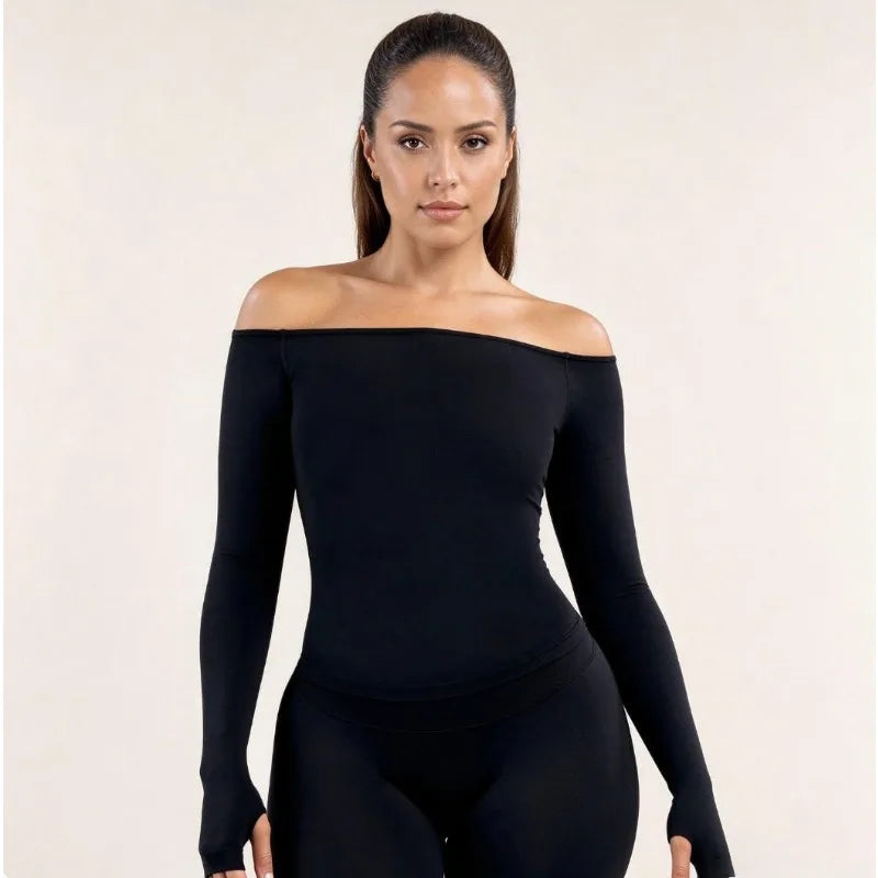 Womens Off Shoulder Long Sleeve Yoga Top Quick Dry Athletic Shirt Outdoor Casual Running Fitness Workout Long Sleeve Activewear