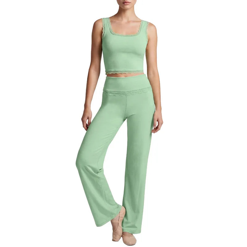 SVETLIN EU US Size High Quality Sports Yoga Wear Set Outfit Lace-Trim Sports Gym Wide-Leg Pants Two-Piece Set For Dance Training