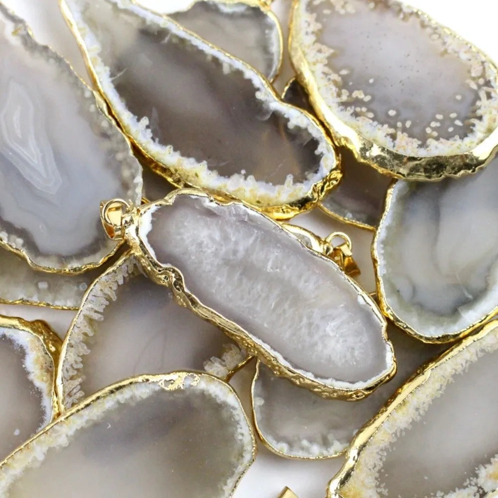 60*40mm Irregular Agate Geode Plated Gold Edged Polished Crystal Slice Handmade DIY Jewelry Making Agate Wind Chime Meditation