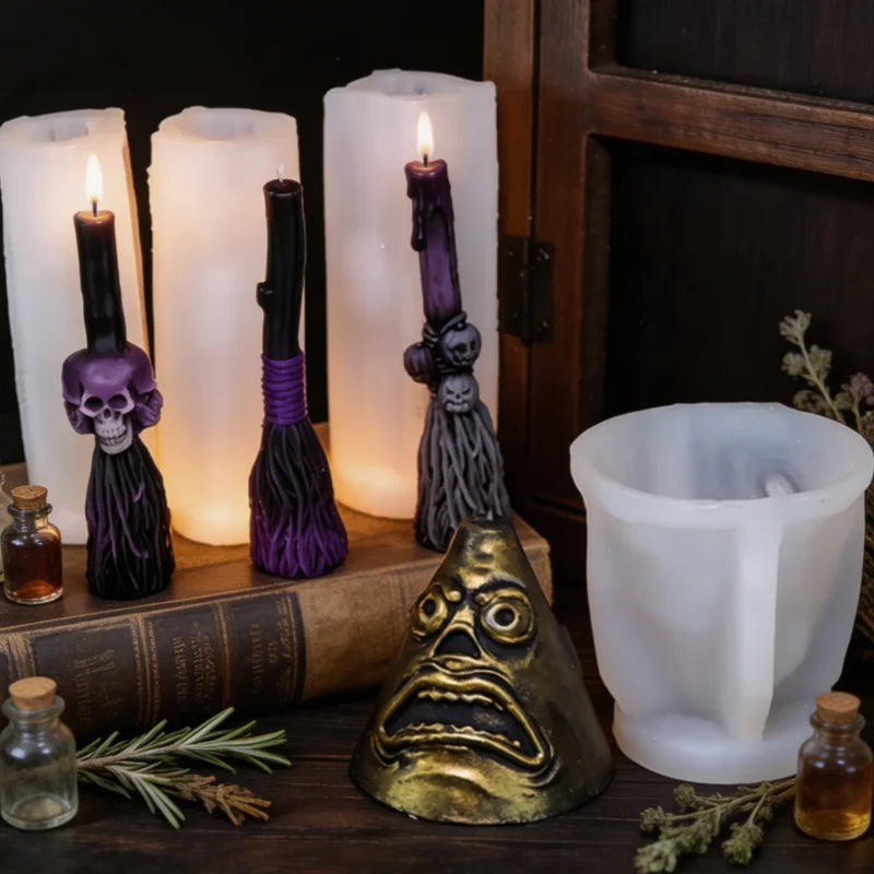 3D Witch Broom Candle Mold Handmade Pillar Mold Witchcraft Whisk Broom with Pumpkin Skull Face Magic Ritual Spiritual Candle Mld