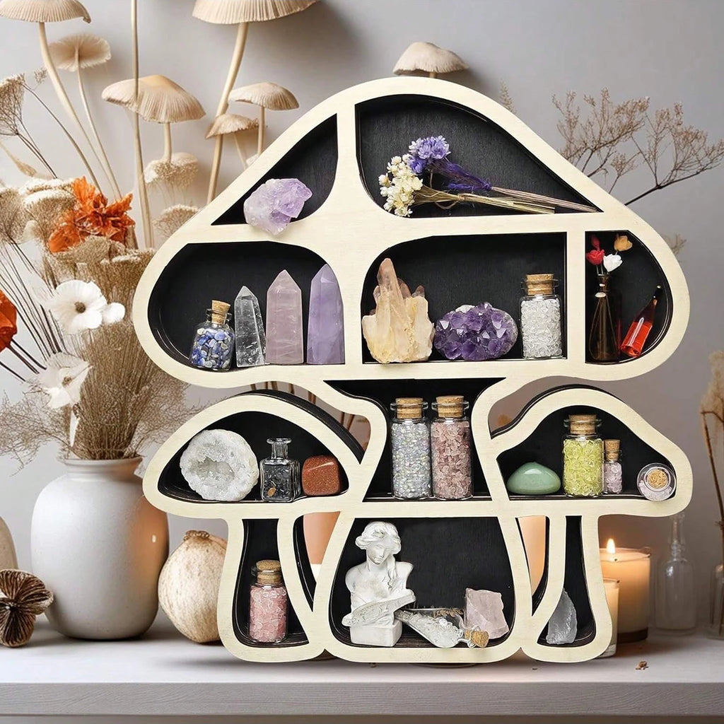 1Pc Wooden Mushroom Shaped Display Shelf - Multi-Compartment Crystal and Gemstone Holder，Home Decor for Spiritual Healing Stones