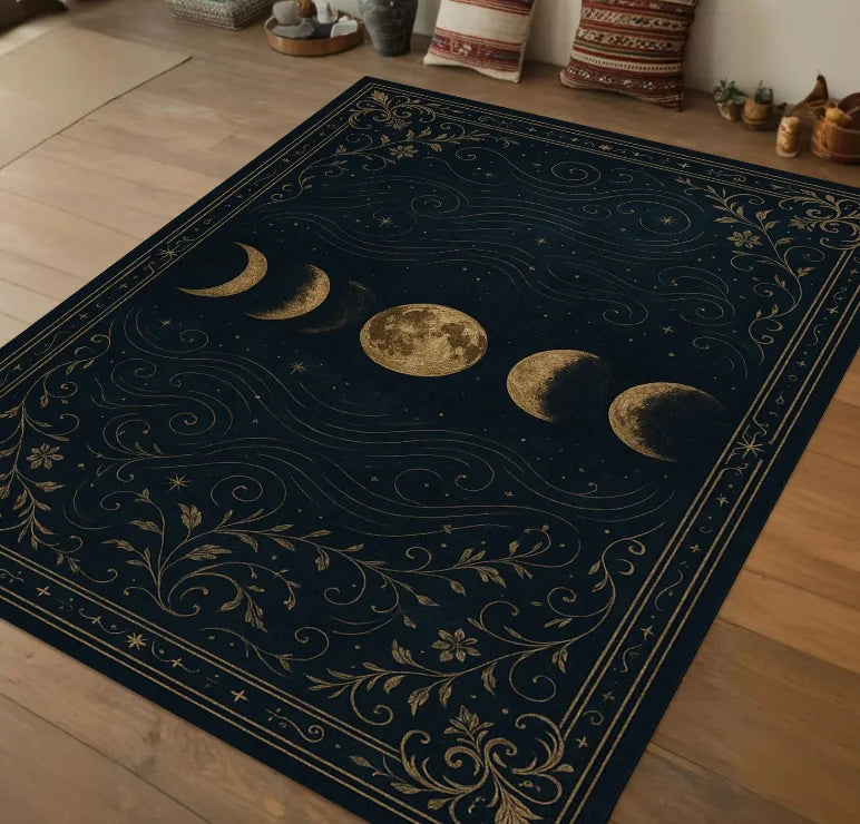 Black Celestial Botanical Rug Gold Floral Night Sky Area Carpet Gothic Starry Living Room Rug Witchy Moon Garden Floor Decor Art