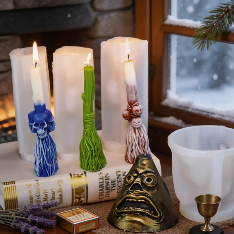 3D Witch Broom Candle Mold Handmade Pillar Mold Witchcraft Whisk Broom with Pumpkin Skull Face Magic Ritual Spiritual Candle Mld
