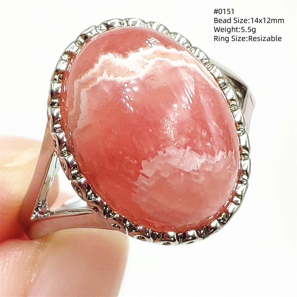 Natural Red Rhodochrosite Adjustable Ring Jewelry Rose Rhodochrosite 925 Sterling Silver Women Oval Bead AAAAA