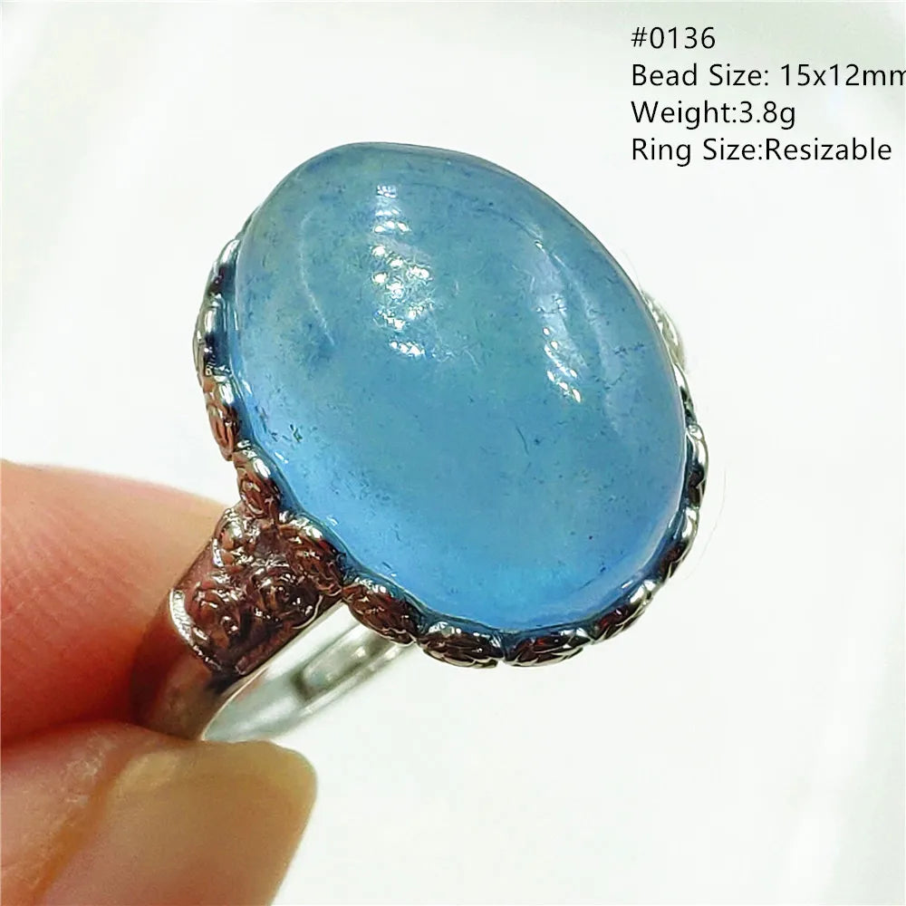 Natural Blue Aquamarine Beads Ring Adjustable Brazil Ring Oval 925 Sterling Silver Aquamarine Jewelry Women AAAAA