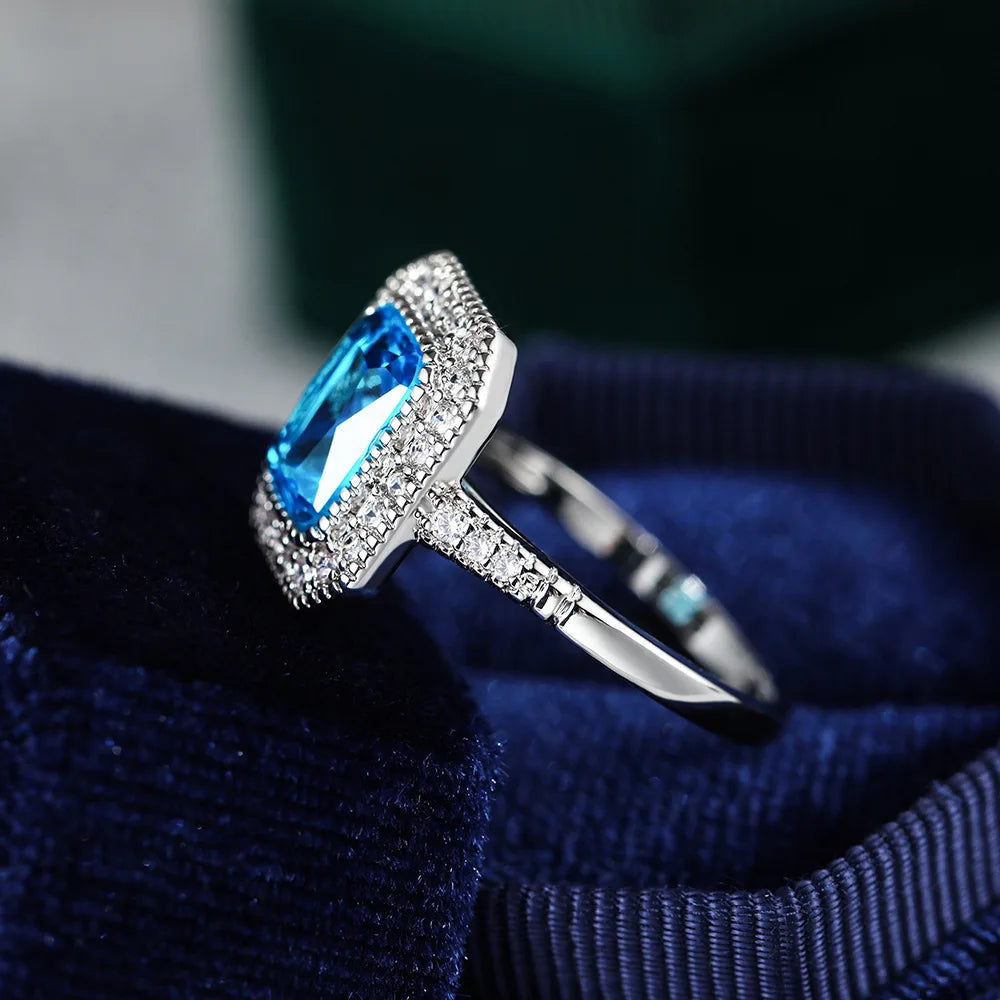 Fashion 925 sterling silver Aquamarine Stone Rings For Women Square cut Blue Zircon Wedding Engagement Ring Jewelry gift
