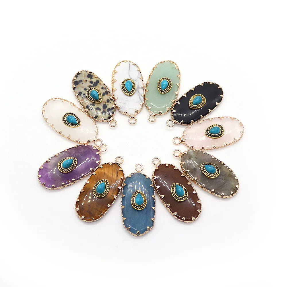 Natural Stone Dalmatian Jasper Oval Pendants Amethyst Turquoise Evil Eye Charms DIY Necklace Jewelry Making Supplies