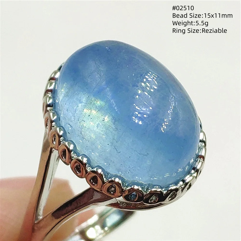 Natural Blue Aquamarine Beads Ring Adjustable Brazil Ring Oval 925 Sterling Silver Aquamarine Jewelry Women AAAAA