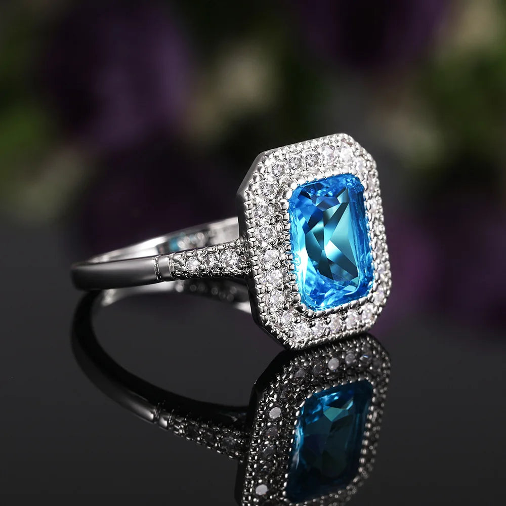 Fashion 925 sterling silver Aquamarine Stone Rings For Women Square cut Blue Zircon Wedding Engagement Ring Jewelry gift
