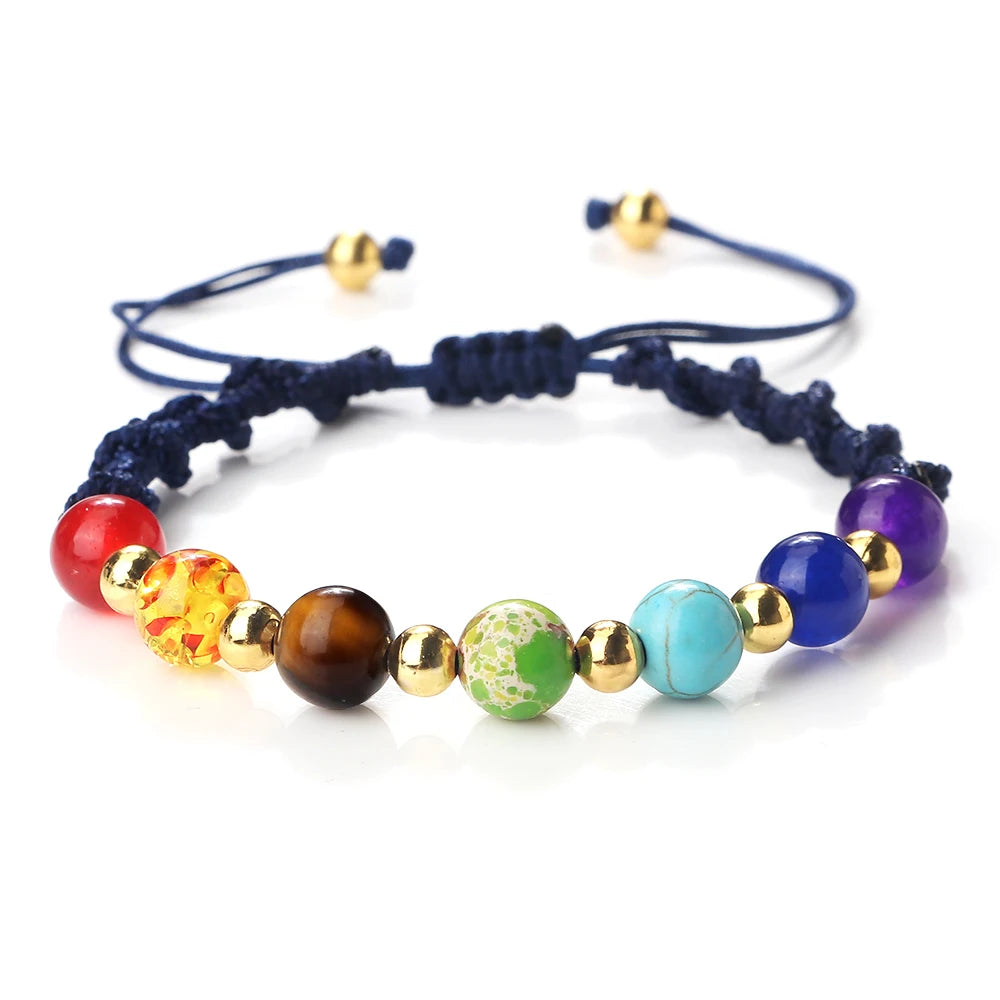 Reiki 7 Chakra Bracelet Natural Stone Rope Braided Yoga Healing Gold Color Copper Beads Bracelets & Bangles Meditation Jewelry