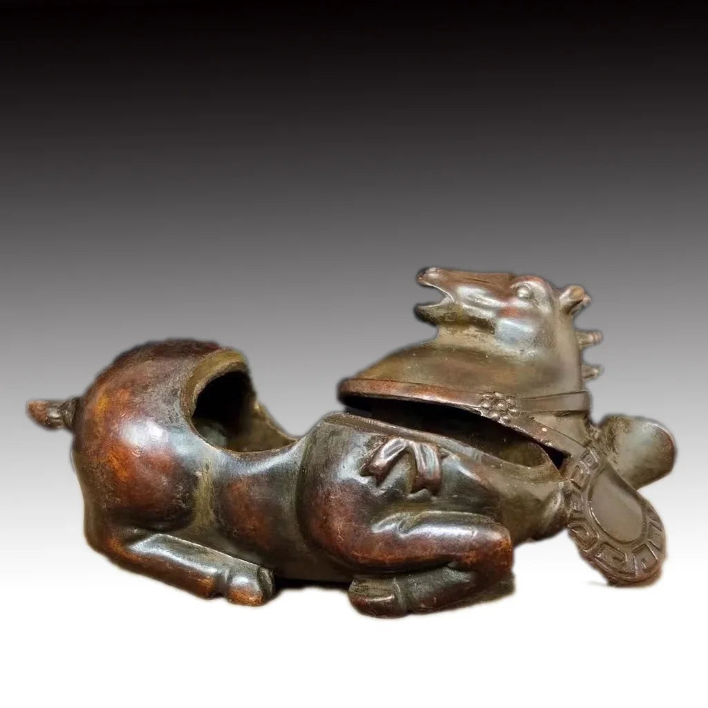 Ancient Chinese bronze and copper incense burner, Tang‑style horse statue, feng shui decorative collectible sculpture