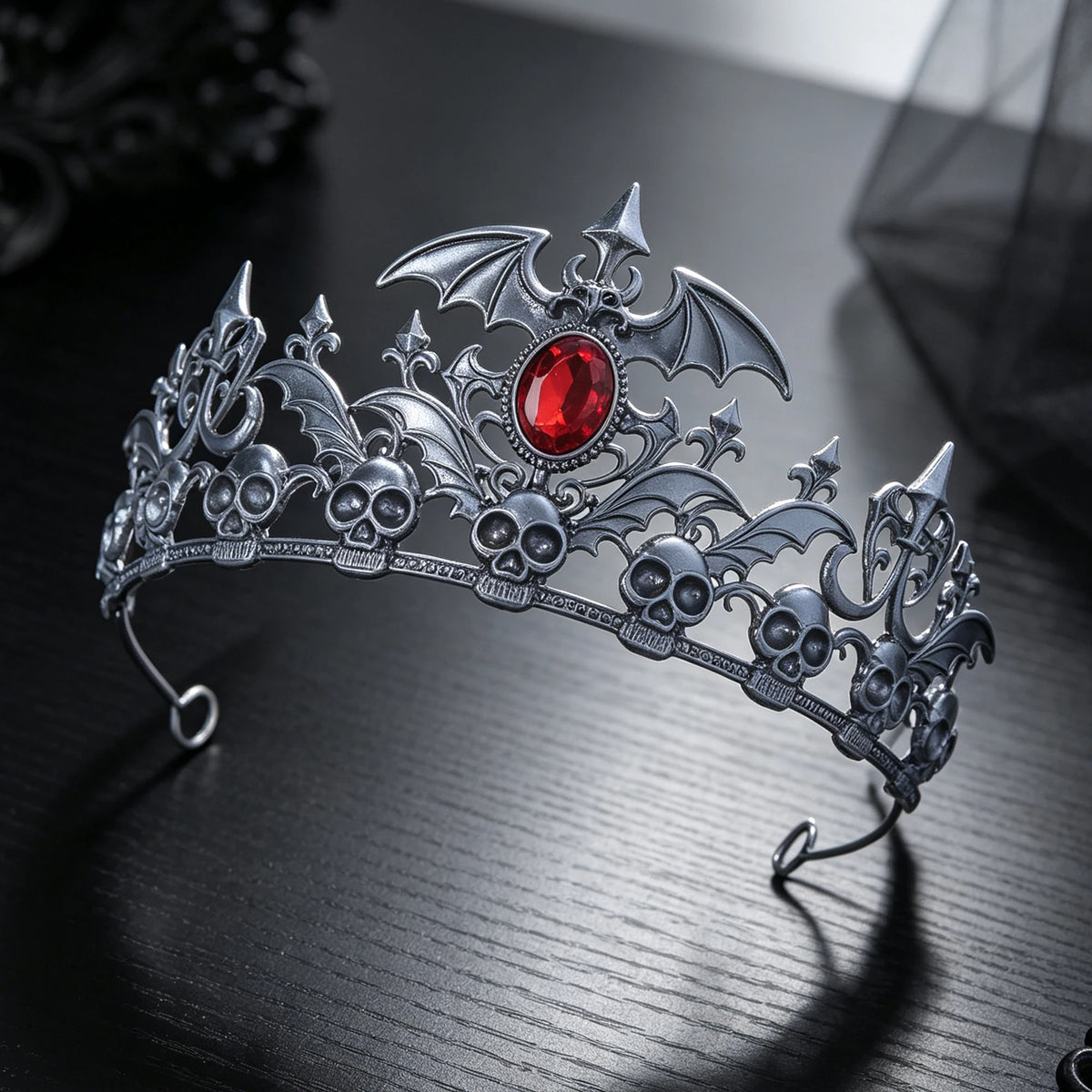 Antique Silver Skull Bat Tiara Rhinestone Gothic Headband Halloween Cosplay Dark Queen Witch Vampire Costume Party Hair Ornament