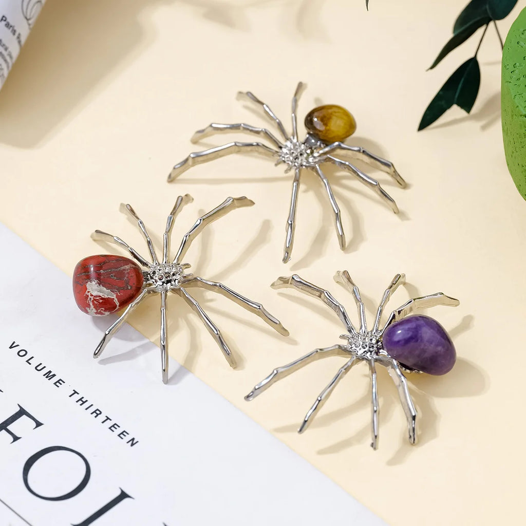 1 Pc Natural Crystal Tumbled Stone Spider Figurine – Halloween Prop, Home Desktop Decor, Handcrafted Ornament, Halloween Gift