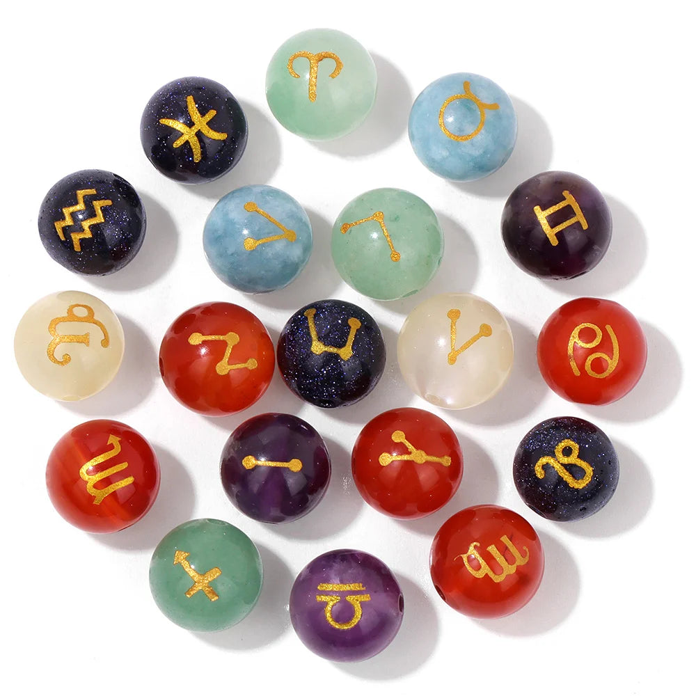 Wholesale 12 Zodiac Mooonstone Charms Natural Stone Sandstone Agates Constellation Sign Beads For Jewelry Making Accessories Set