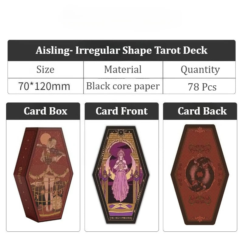 Aisling Irregular Coffin‑Shape Tarot Deck 78Pcs Dual Marseille Rider‑Waite Black‑core Cardstock Divination Game for Beginners