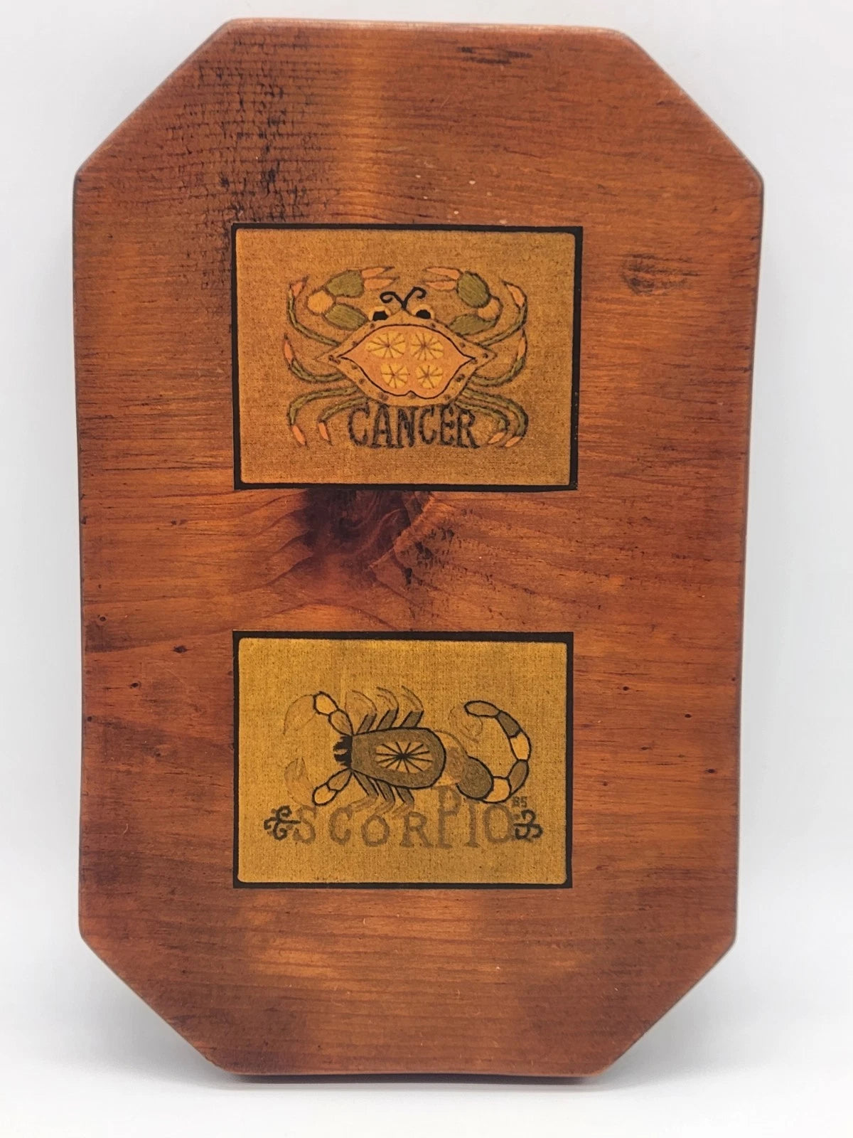 Vintage Handmade Lacquered Wood Wall Hanger Zodiac Cancer &amp; Scorpio Astrology