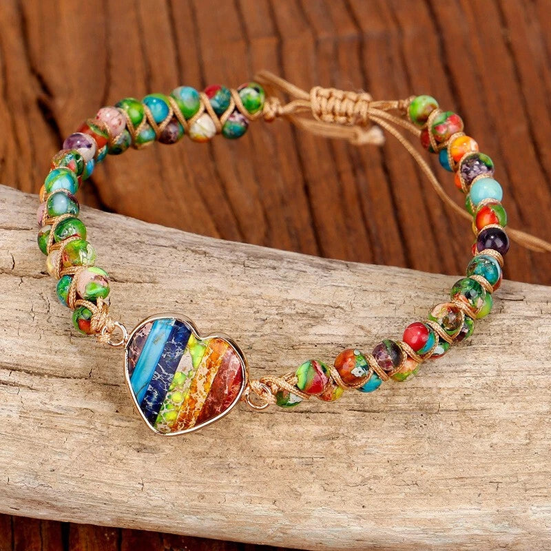 7 Chakra Handmade Braided Heart Charm Sea Sediment Healing Reiki Bracelet Gifts