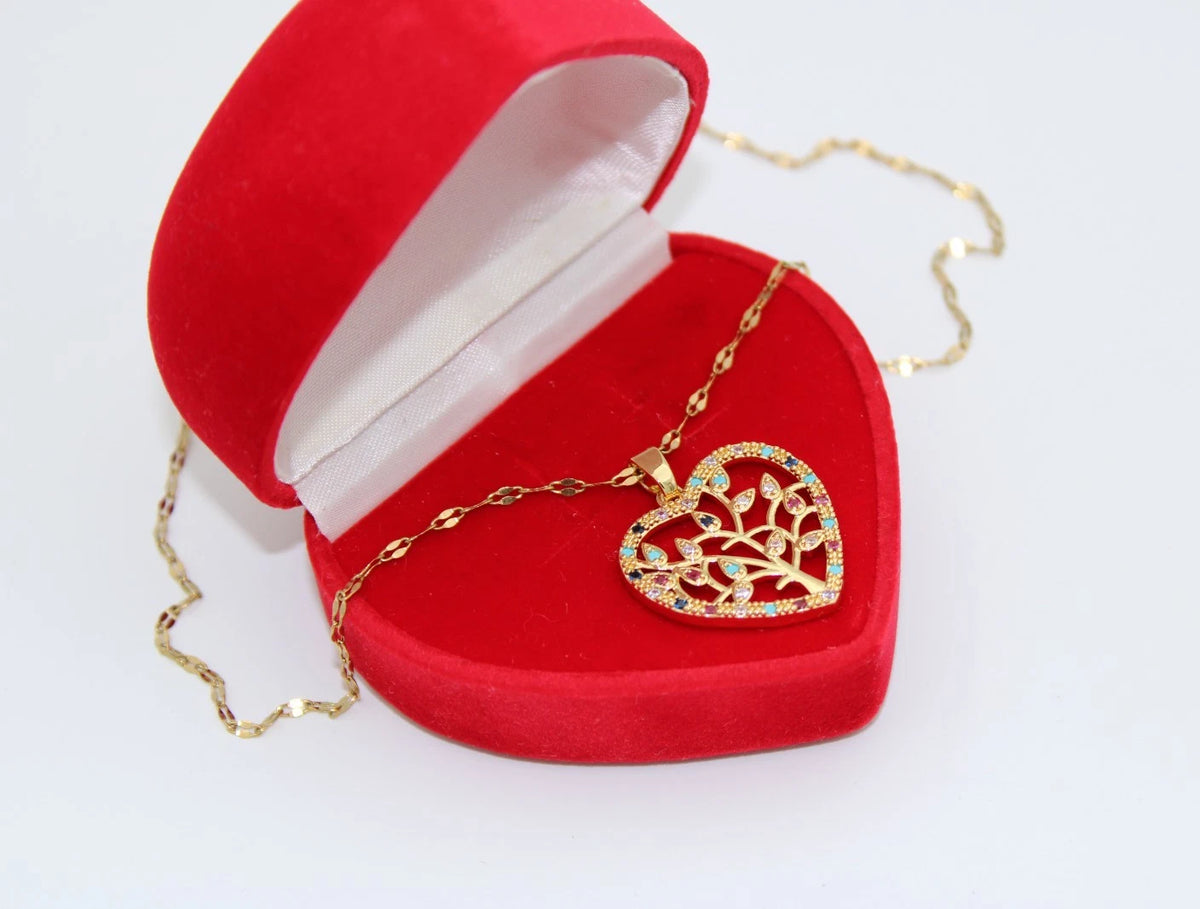 ✨ Damen Halskette Herz Lebensbaum 🌳💖 Gold Anhänger mit bunten Kristallen 💎