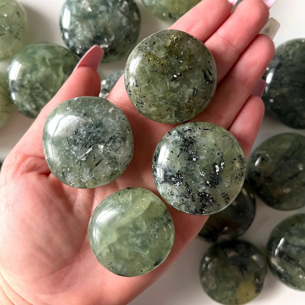 INNER KNOWING Prehnite round Palm Stone | UFO Crystal | Aura Cleansing | Prophet