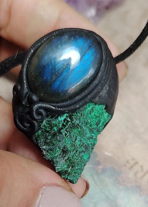 Shamanic Tool Malachite Pendant Necklace w Labradorite Shaman Crystal Jewelry