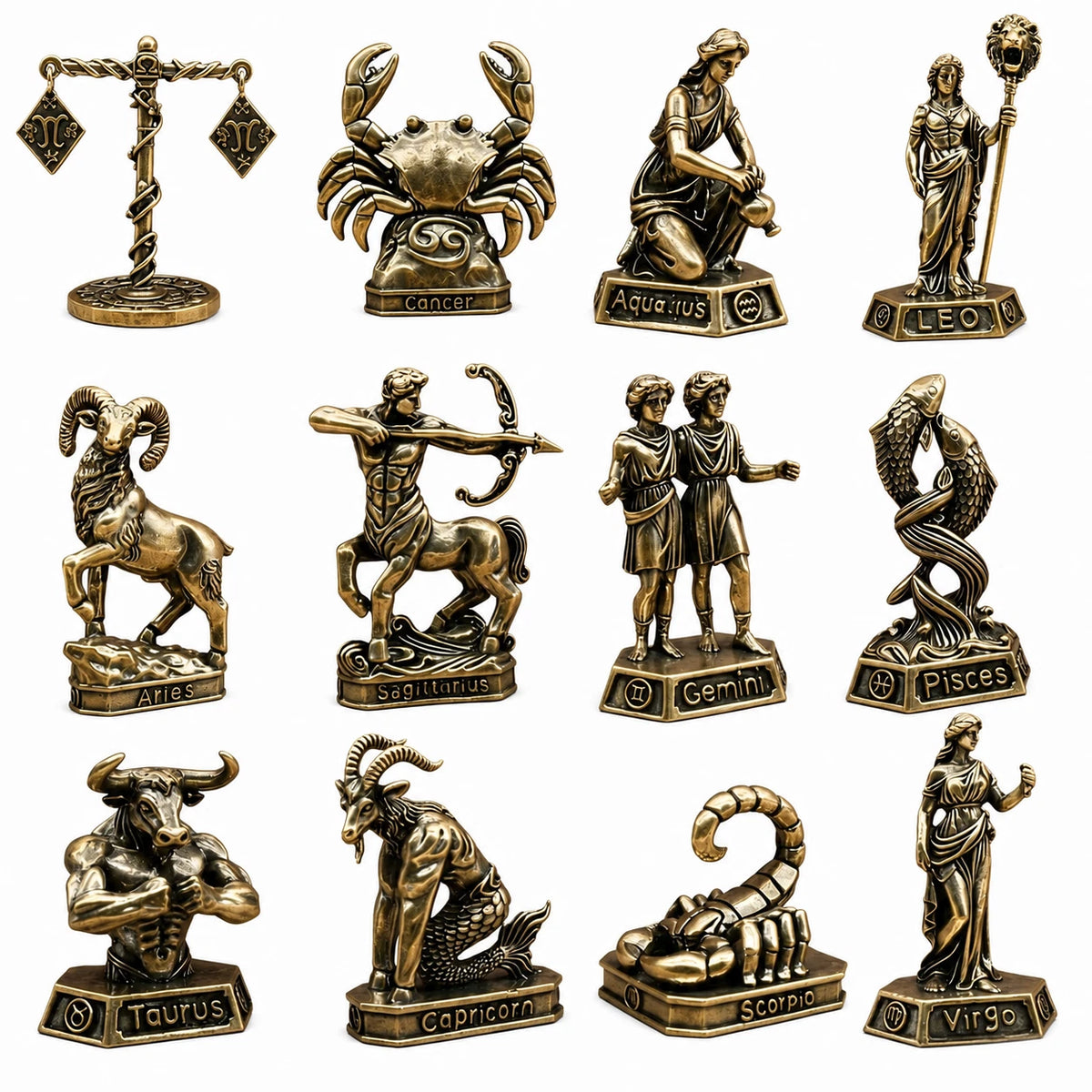 Brass Zodiac Sign Figurine Vintage Constellation Statue Home Office Decor