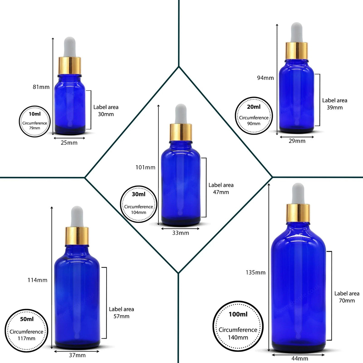 Blaue Glas Tropferflasche mit GOLD Aluminium Glaspipette für Aromatherapie Öl