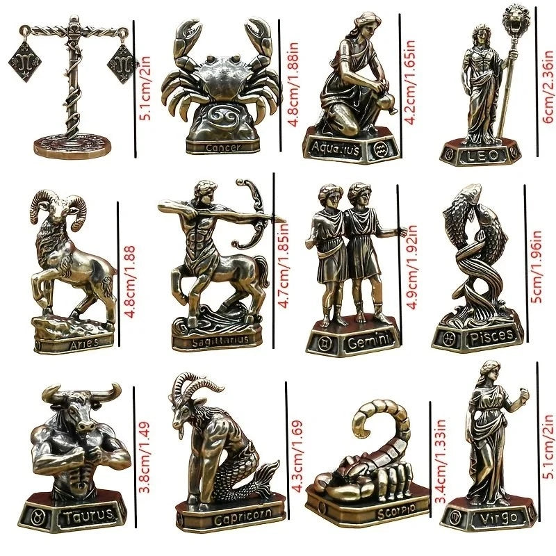Brass Zodiac Sign Figurine Vintage Constellation Statue Home Office Decor