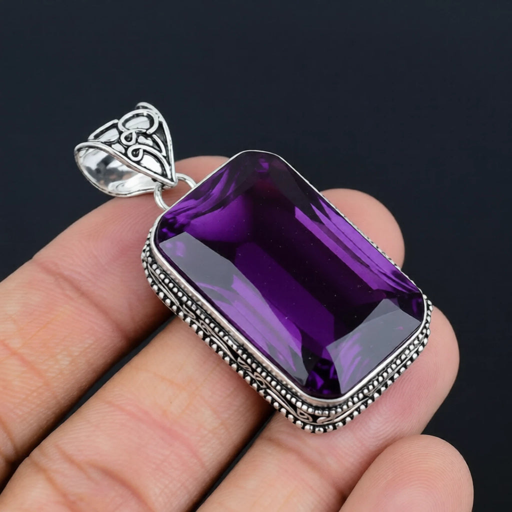 African Amethyst Gemstone Handmade 925 Sterling Silver Jewelry Pendant 2.10"