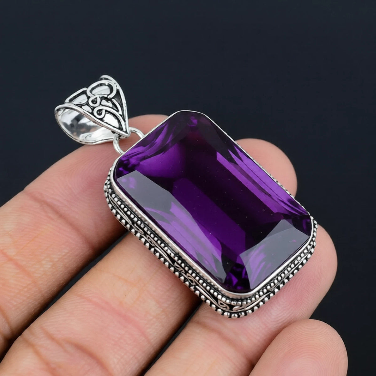 African Amethyst Gemstone Handmade 925 Sterling Silver Jewelry Pendant 2.10"