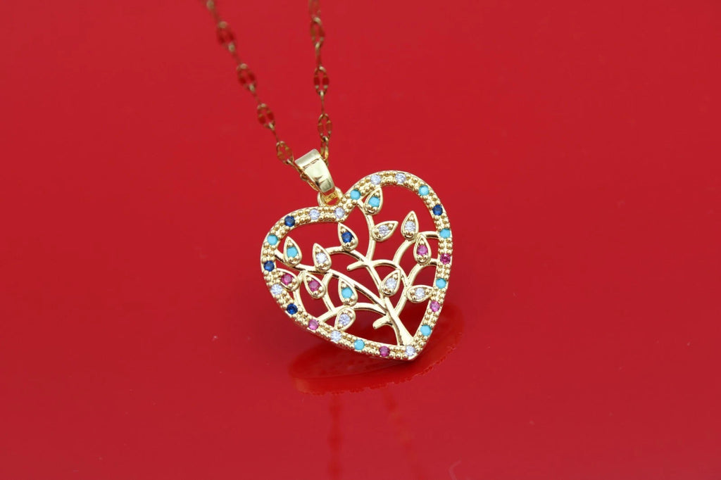✨ Damen Halskette Herz Lebensbaum 🌳💖 Gold Anhänger mit bunten Kristallen 💎