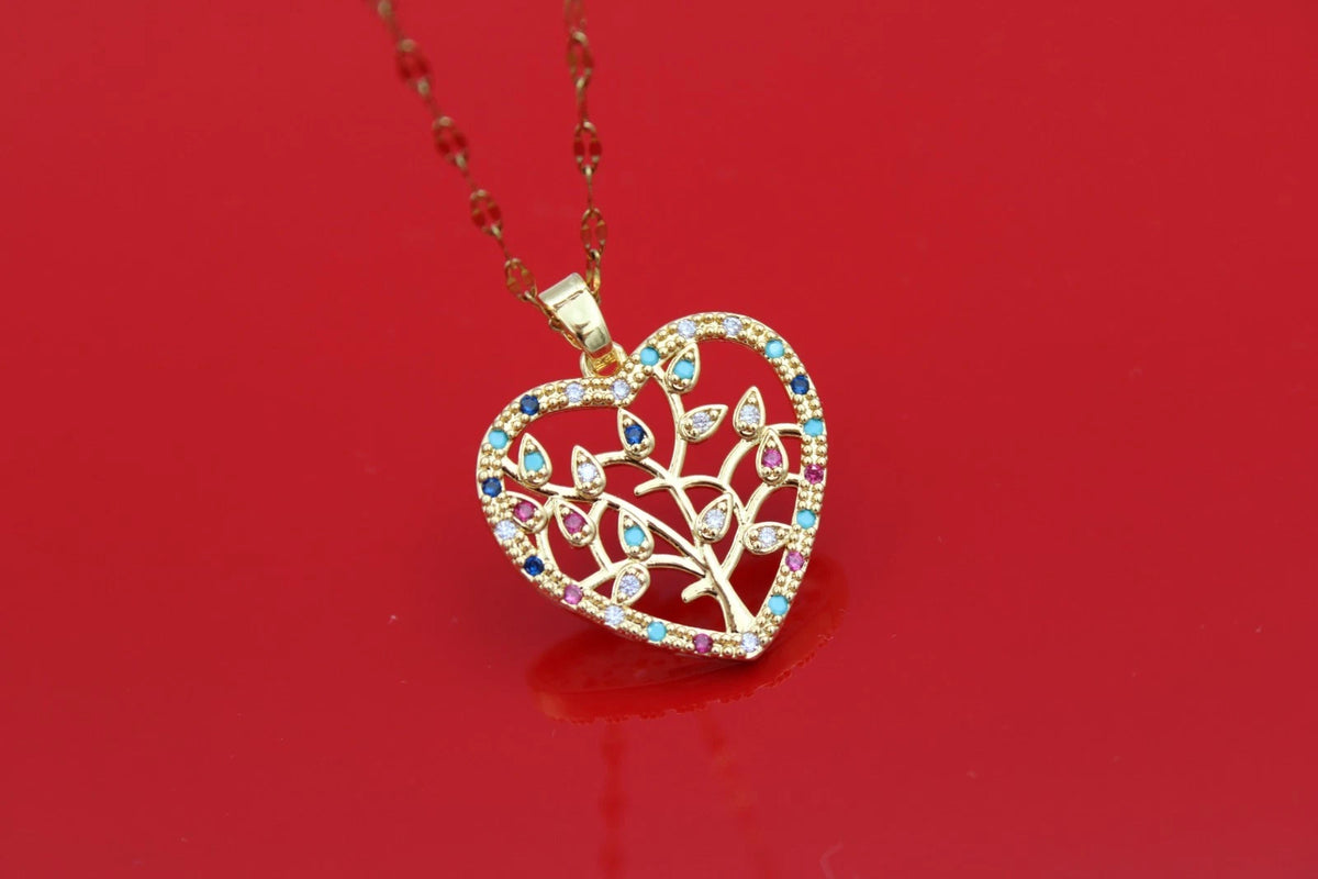 ✨ Damen Halskette Herz Lebensbaum 🌳💖 Gold Anhänger mit bunten Kristallen 💎