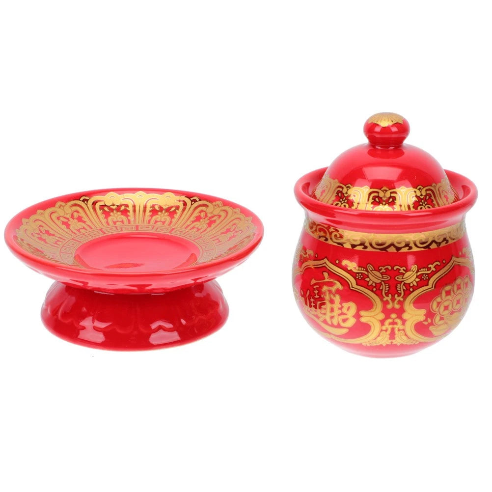 1 Stück Keramik-Wasser<wbr/>becher mit Deckel, Buddha-Anbetun<wbr/>g, Tempel-Versorg<wbr/>ung