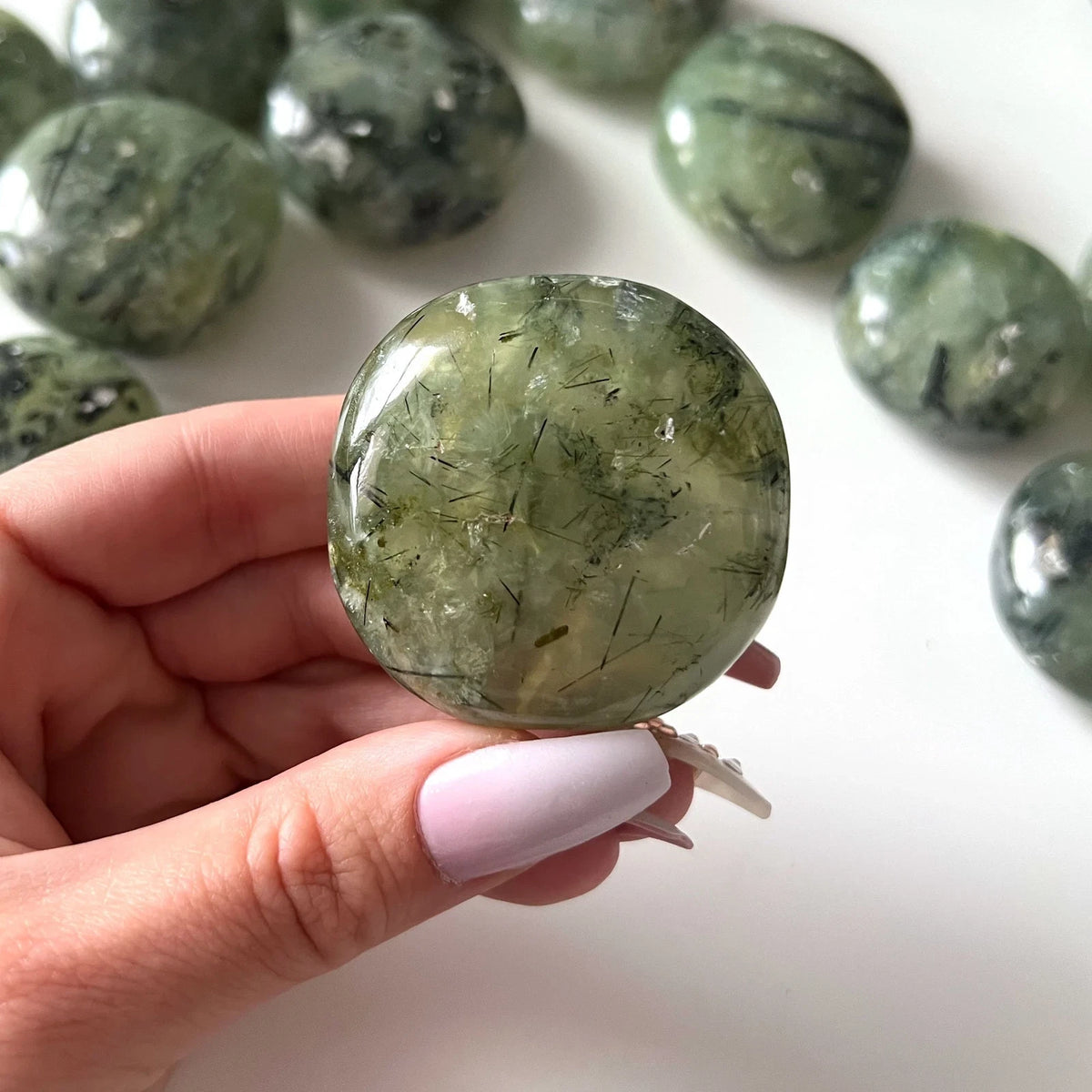 INNER KNOWING Prehnite round Palm Stone | UFO Crystal | Aura Cleansing | Prophet