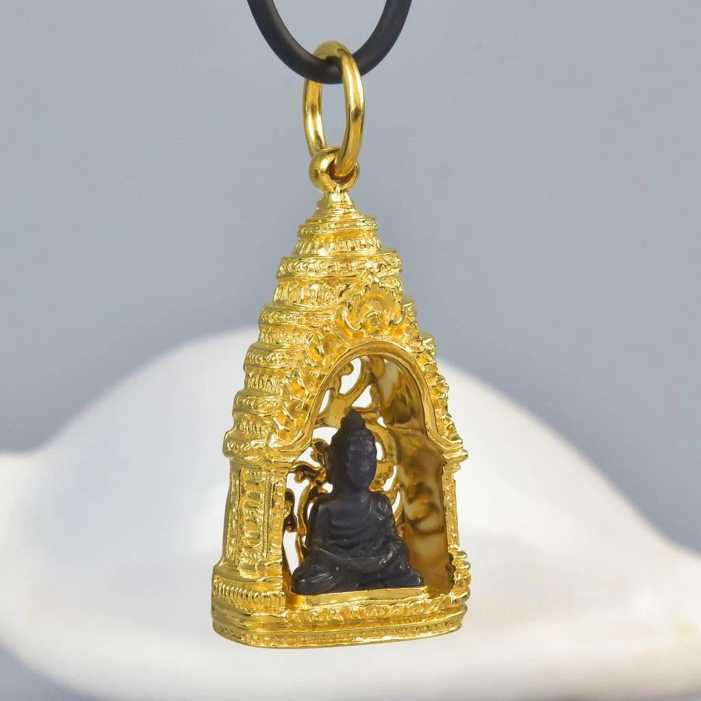 Buddha Image Gold Vermeil Sterling Pagoda Black Tektite Pendant Amulet 15.74 g