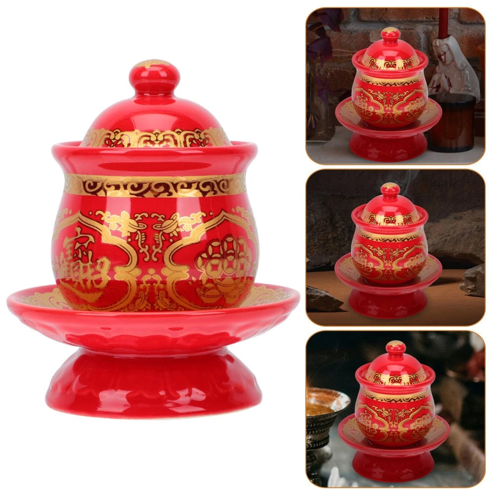 1 Stück Keramik-Wasser<wbr/>becher mit Deckel, Buddha-Anbetun<wbr/>g, Tempel-Versorg<wbr/>ung