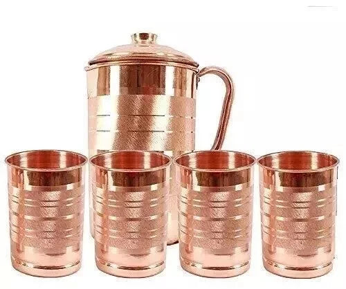 100% Reines Kupfer Wasserkrug Krug mit Becher Glas Ayurveda Vorteile 7er Set