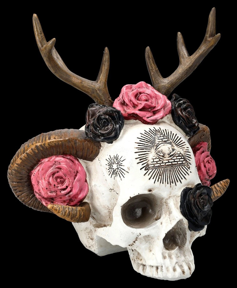 Totenkopf Figur - Wicca Schädel mit Geweih - Gothic Spirituell Magische Deko