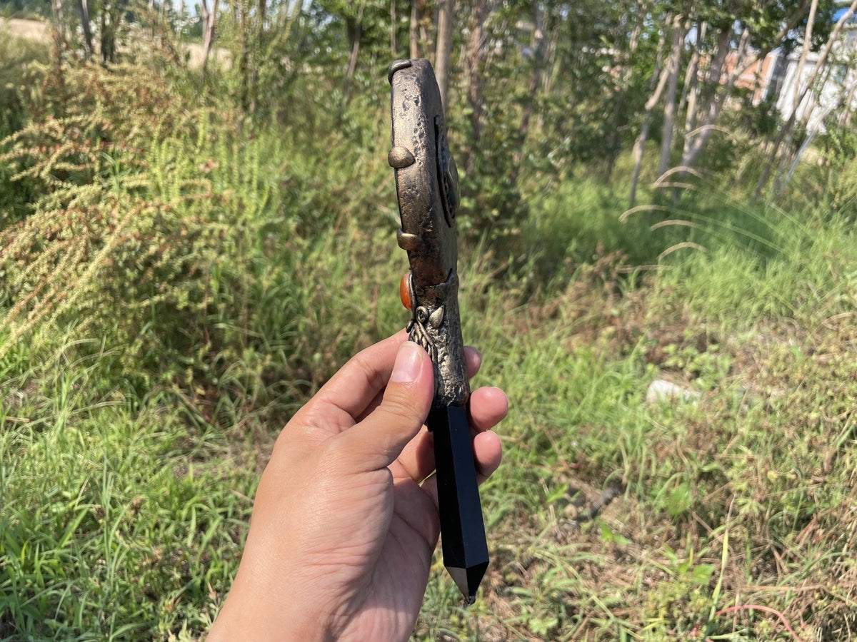Handheld Obsidian Scrying Mirror Wand with Labradorite, Crystal Divination Tool