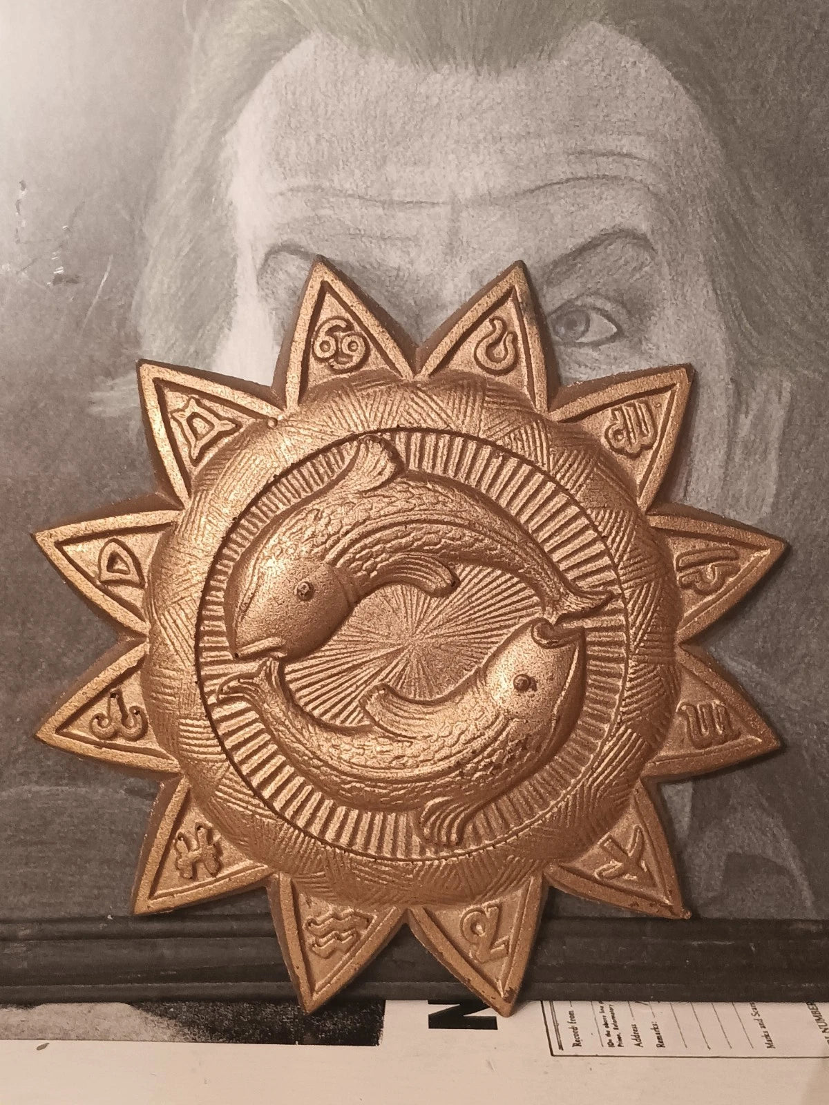 Vintage 60s/70s Pisces Zodiac Sign Wall Hang Sun Golden Astrology Hippie