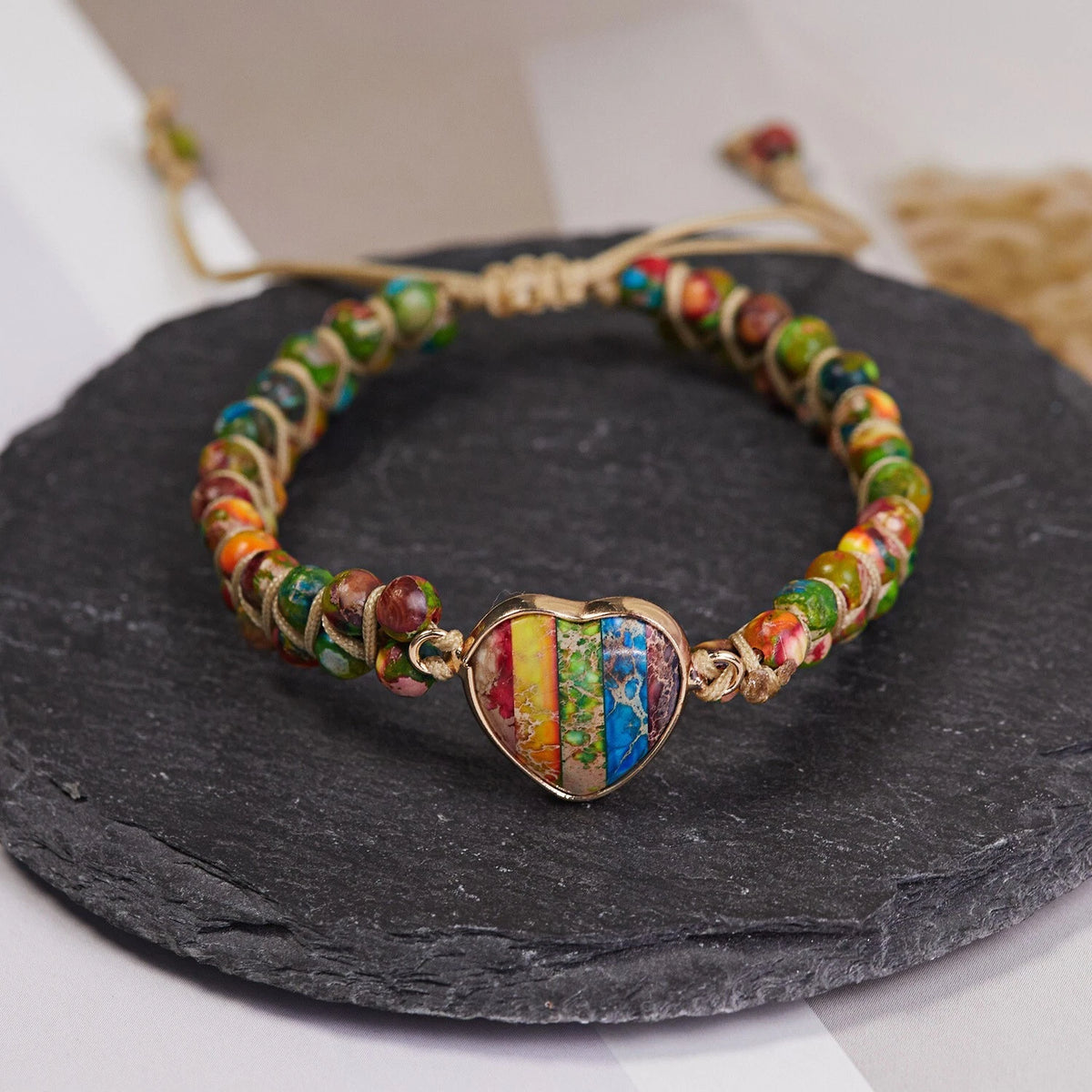 7 Chakra Handmade Braided Heart Charm Sea Sediment Healing Reiki Bracelet Gifts