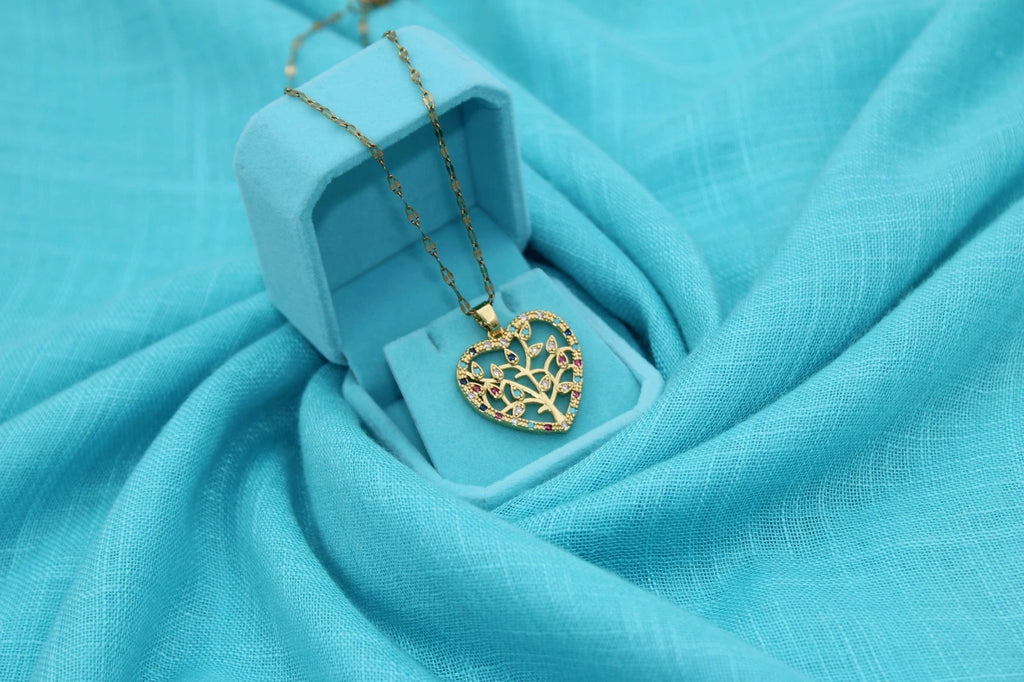 ✨ Damen Halskette Herz Lebensbaum 🌳💖 Gold Anhänger mit bunten Kristallen 💎