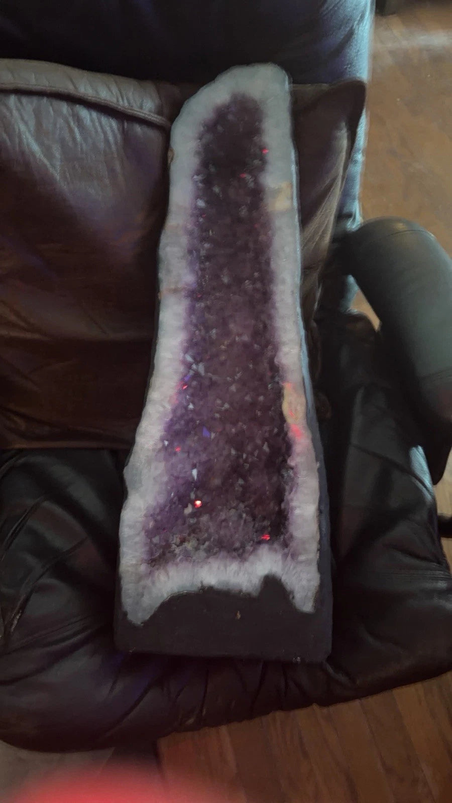 Purple Amethyst Geode Cathedral Cluster Crystal Specimen on Black Base