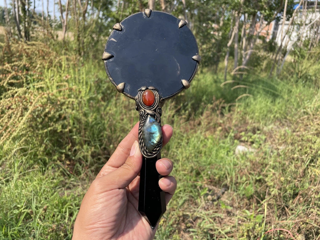 Handheld Obsidian Scrying Mirror Wand with Labradorite, Crystal Divination Tool