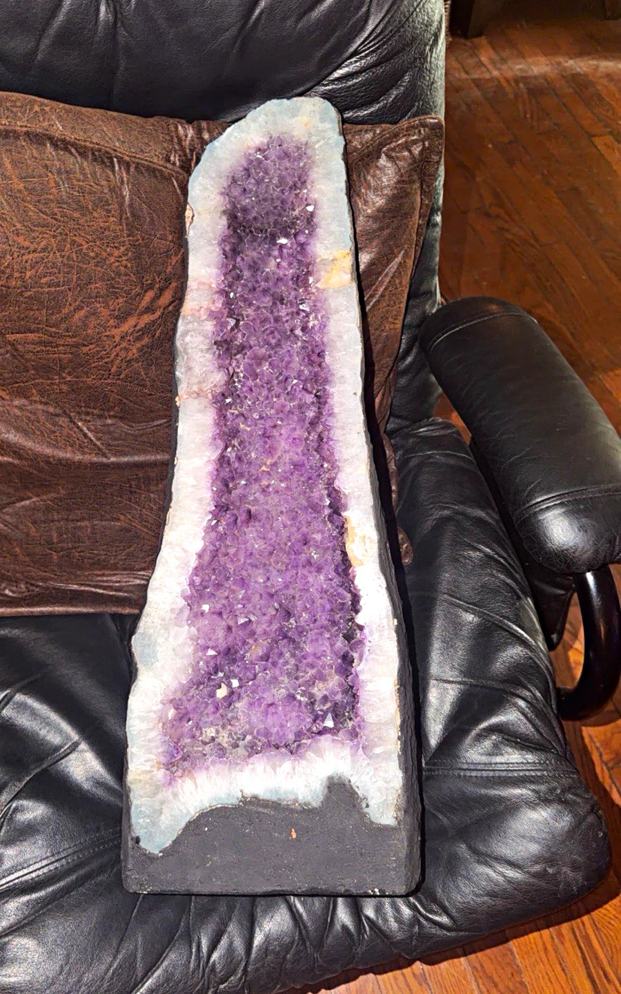 Purple Amethyst Geode Cathedral Cluster Crystal Specimen on Black Base