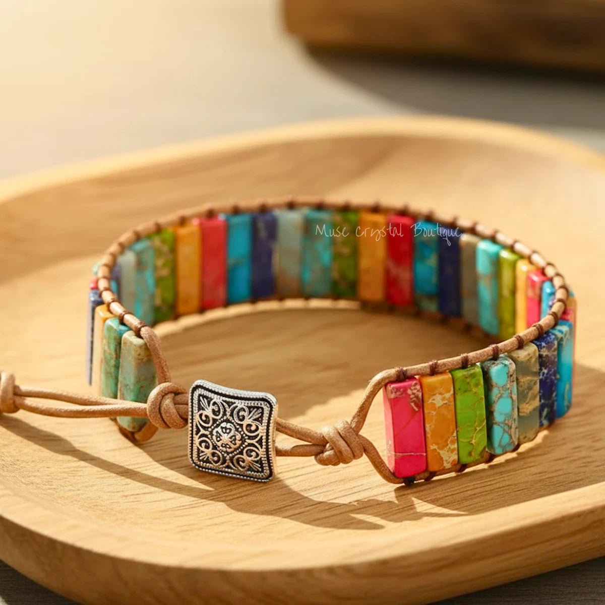 Rainbow Jasper 7 Chakra Crystal Bracelet Leather Healing Stone Bracelet Gift