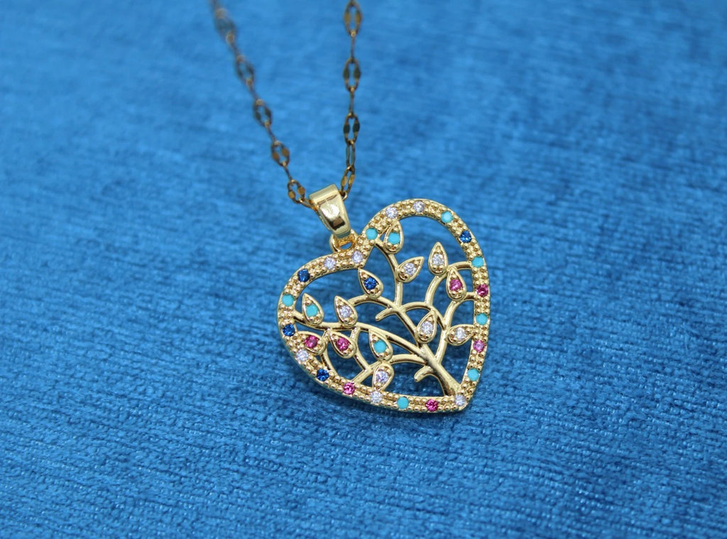 ✨ Damen Halskette Herz Lebensbaum 🌳💖 Gold Anhänger mit bunten Kristallen 💎