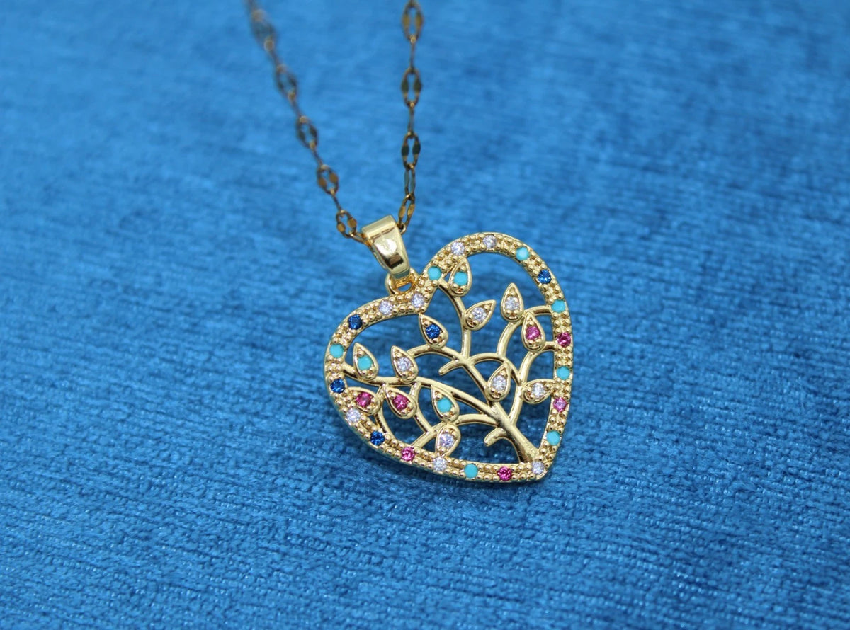✨ Damen Halskette Herz Lebensbaum 🌳💖 Gold Anhänger mit bunten Kristallen 💎