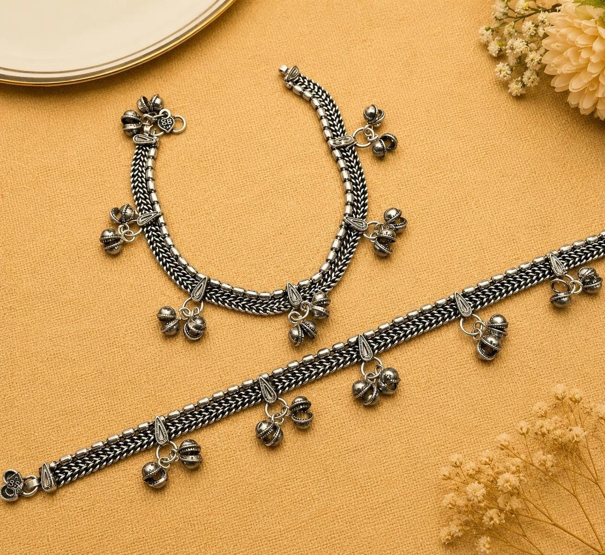Boho Ankle Bracelet Oxidized Silver Anklet Pair | Traditional Payal with Bells