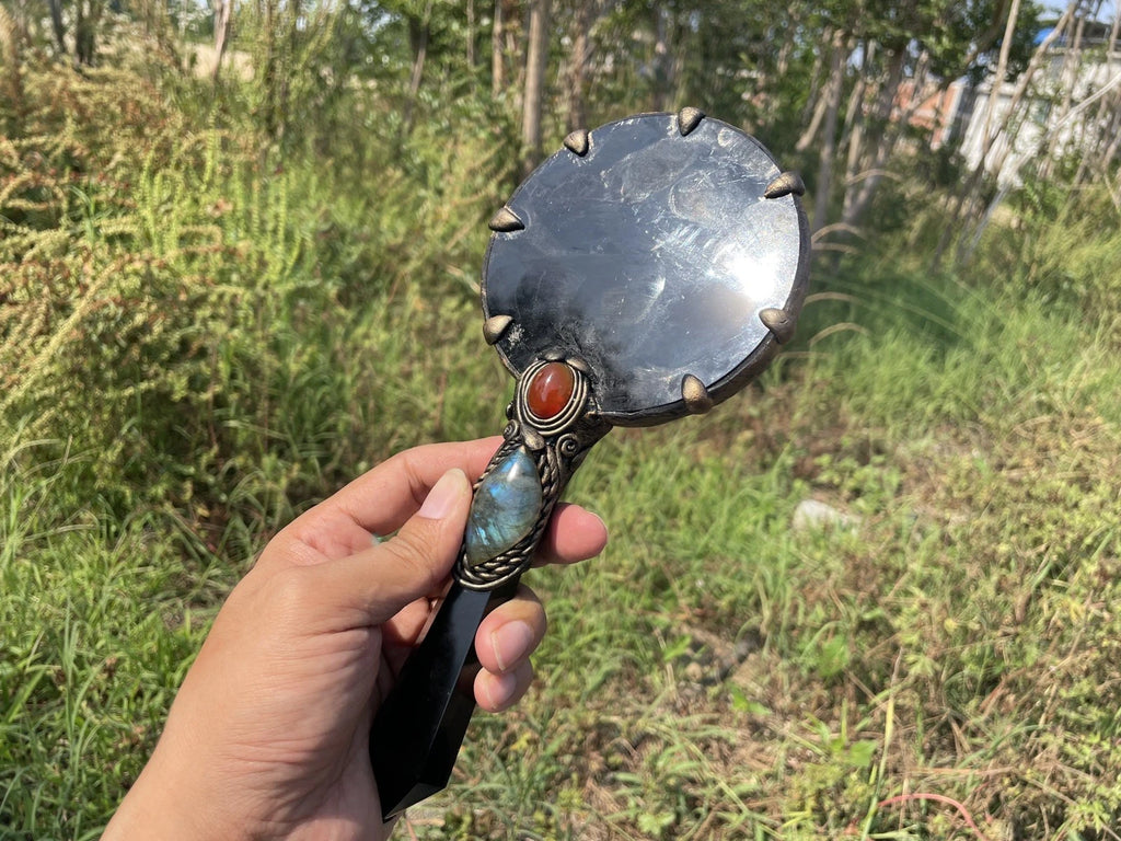 Handheld Obsidian Scrying Mirror Wand with Labradorite, Crystal Divination Tool