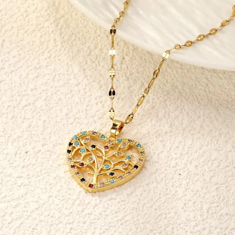 ✨ Damen Halskette Herz Lebensbaum 🌳💖 Gold Anhänger mit bunten Kristallen 💎